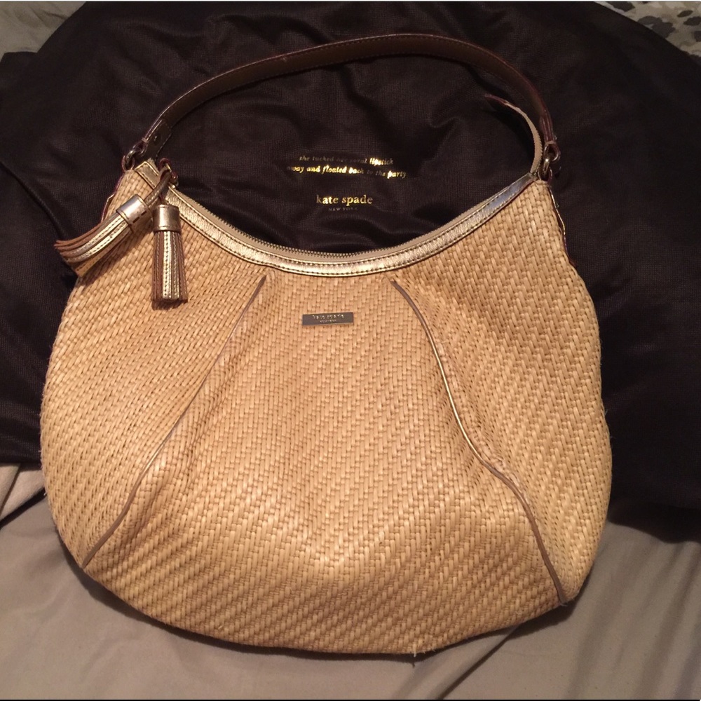 Kate Spade Natural Straw Woven Bag with Brown Leather Trim and Gold Accents